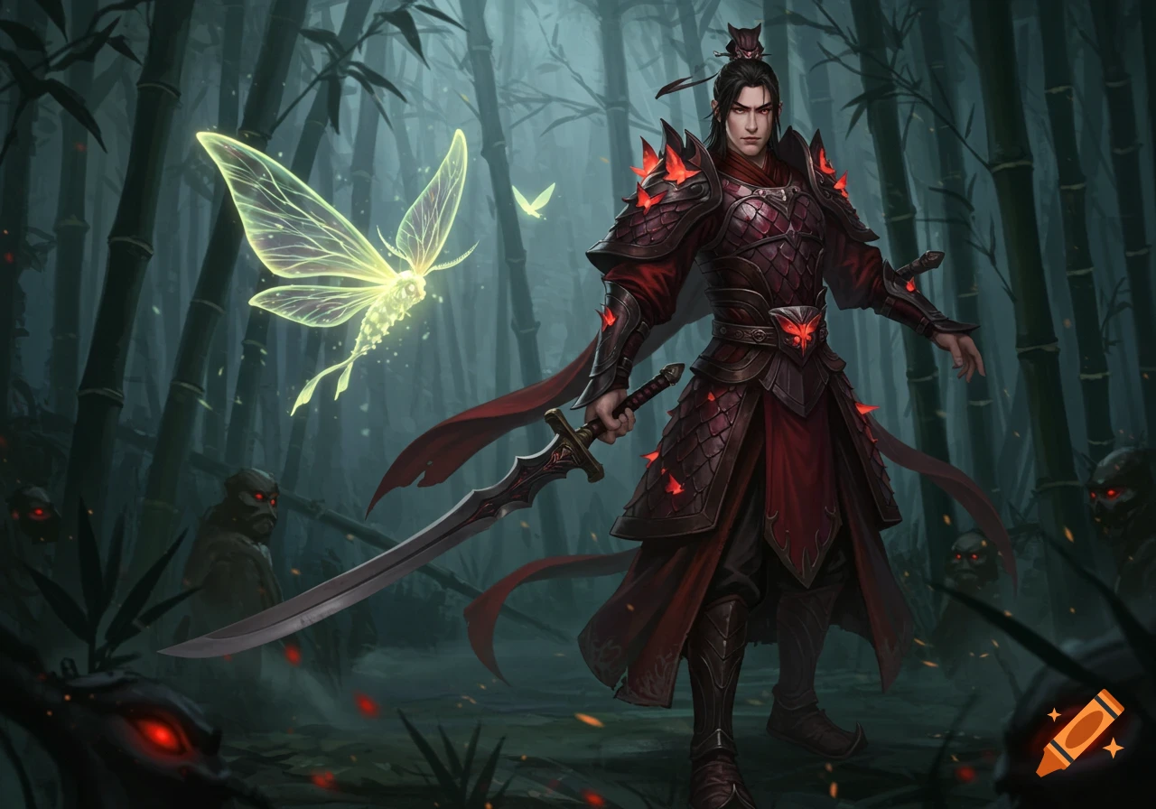 A male Chinese warrior in dark red armor with glowing red accents holds a sword in a dark bamboo forest, beside a glowing yellow fairy.