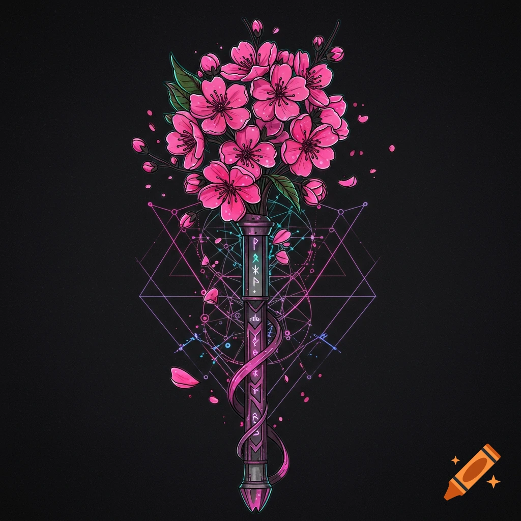 A stylized mace with pink cherry blossoms and glowing runes on a dark background with geometric patterns, in cybersigilism tattoo style.