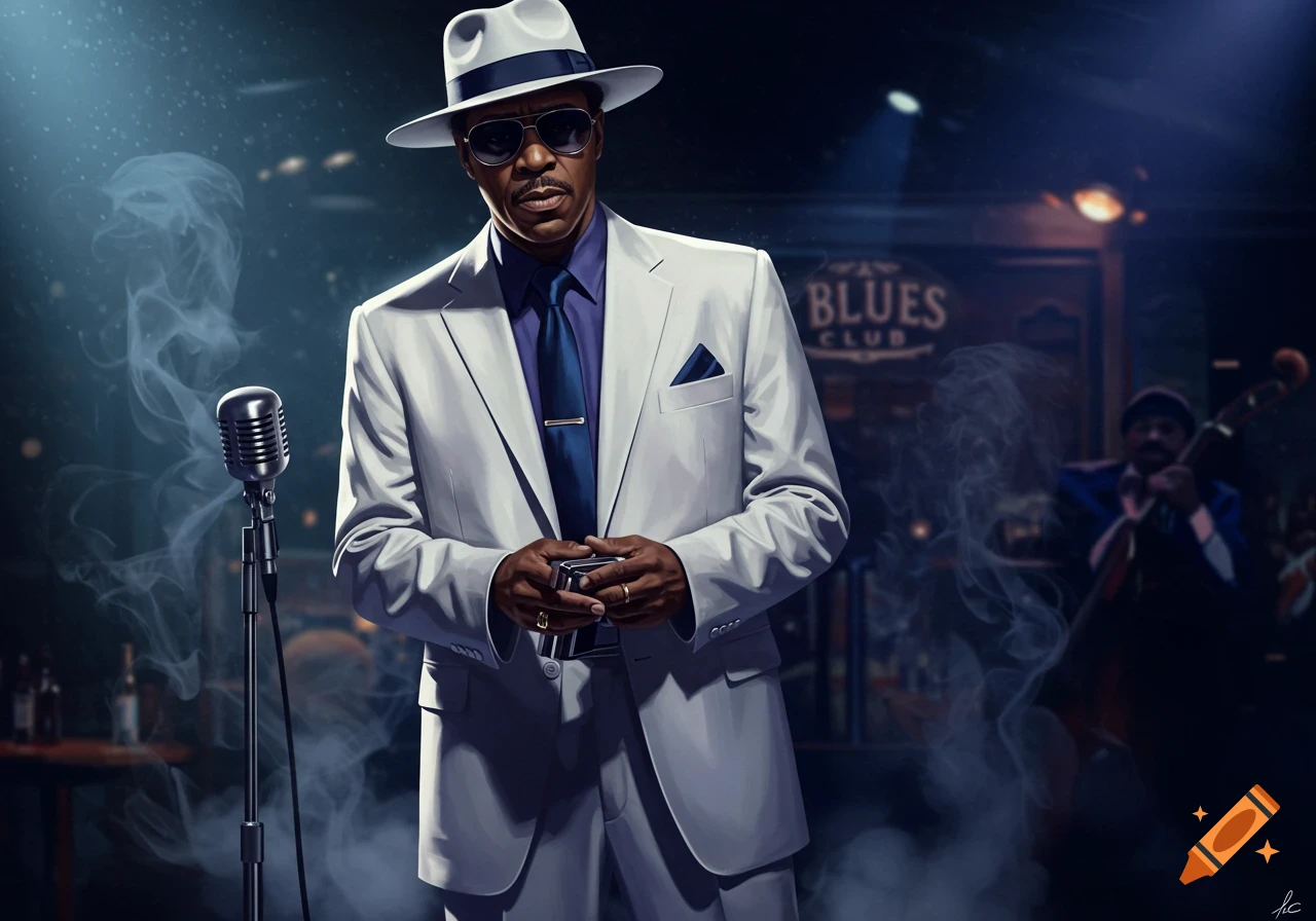 A man in a white suit, fedora, and sunglasses stands by a microphone on a blues club stage.