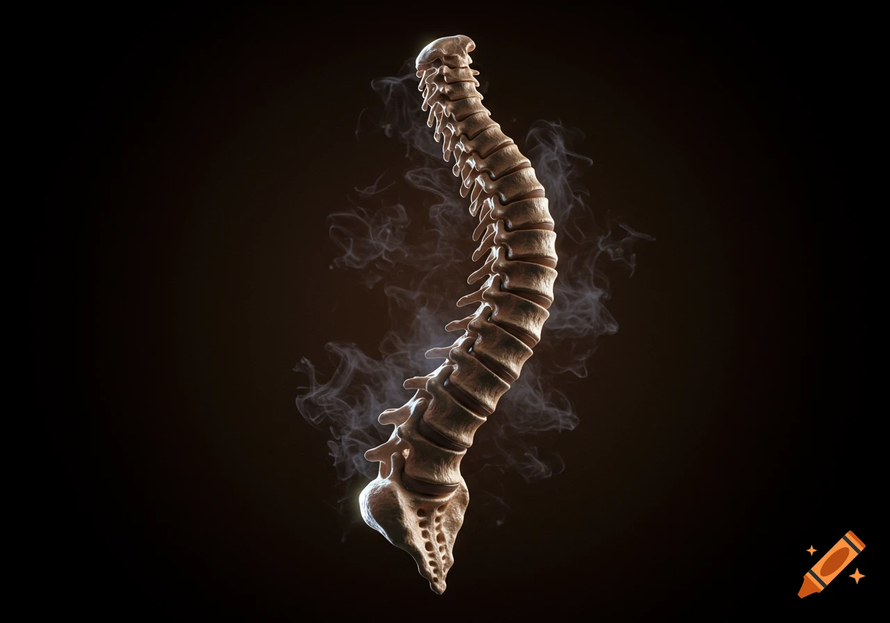 3D render of a human spine from the side, with smoke around it, on a dark background.