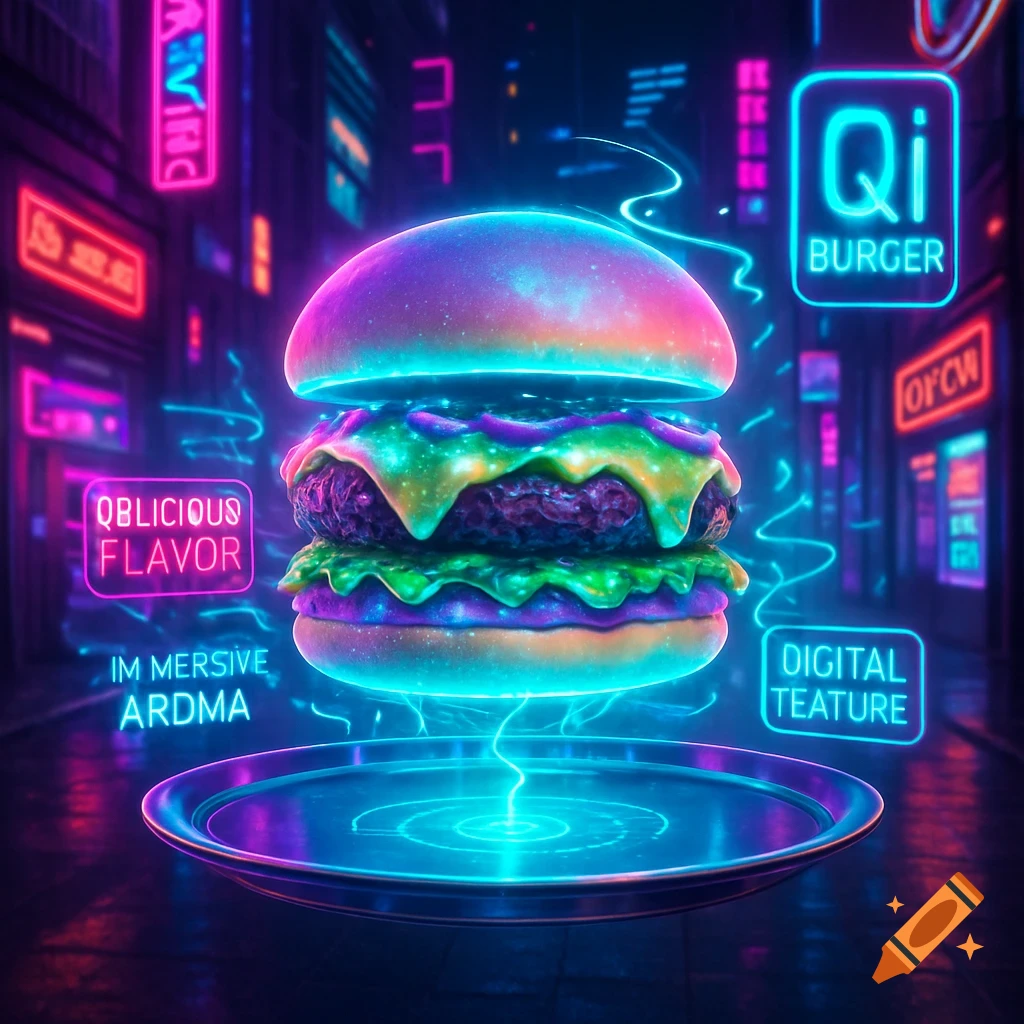 A glowing, neon-colored burger hovers over a plate in a futuristic cityscape with neon signs and floating text.