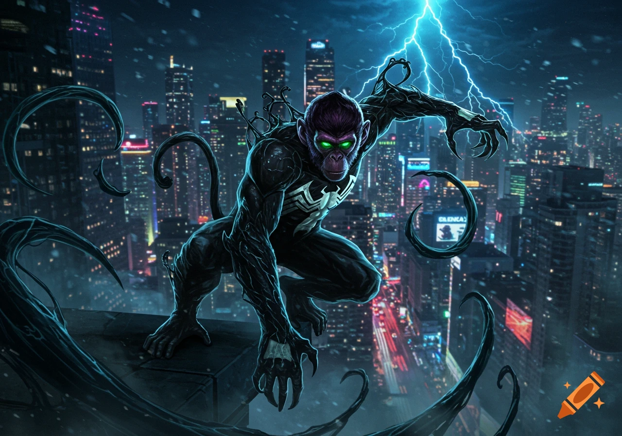 A Venomized Hit-Monkey on a skyscraper rooftop at night, lightning striking behind it, overlooking a city skyline.