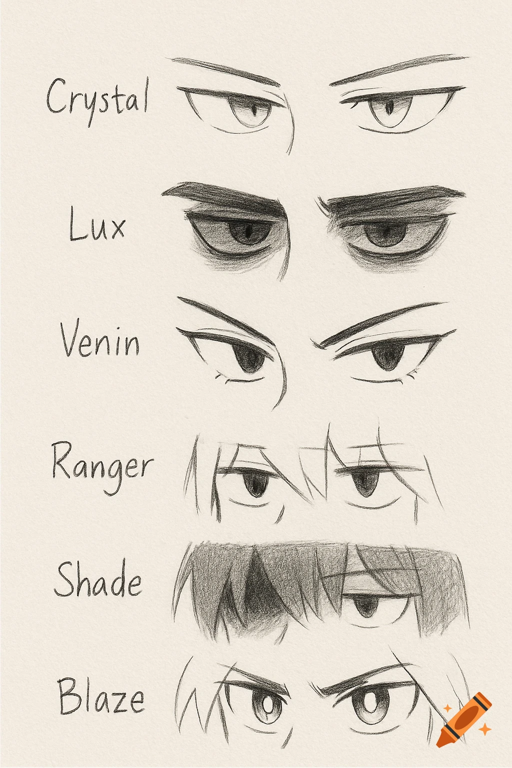 Pencil sketch of six pairs of anime eyes, labeled Crystal, Lux, Venin, Ranger, Shade, and Blaze, on a light background.