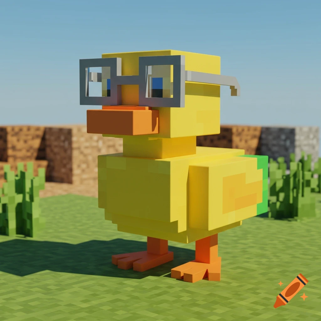 A blocky yellow duck wearing large gray glasses stands in a Minecraft-style grassy field under a blue sky.