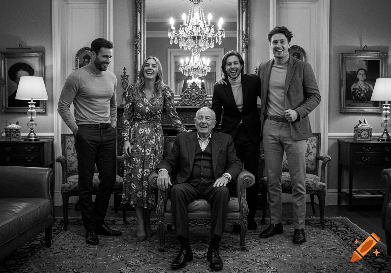 A black and white photo of an older man seated in a formal room, surrounded by four smiling younger adults.