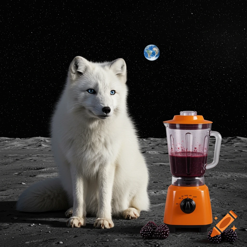 A white Arctic fox sits on the moon next to an orange blender with blackberry juice and scattered blackberries, with Earth in the starry sky.