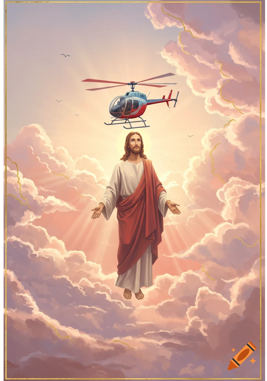 Illustrated image of Jesus floating in the clouds with sunbeams, a helicopter above him, and birds flying.