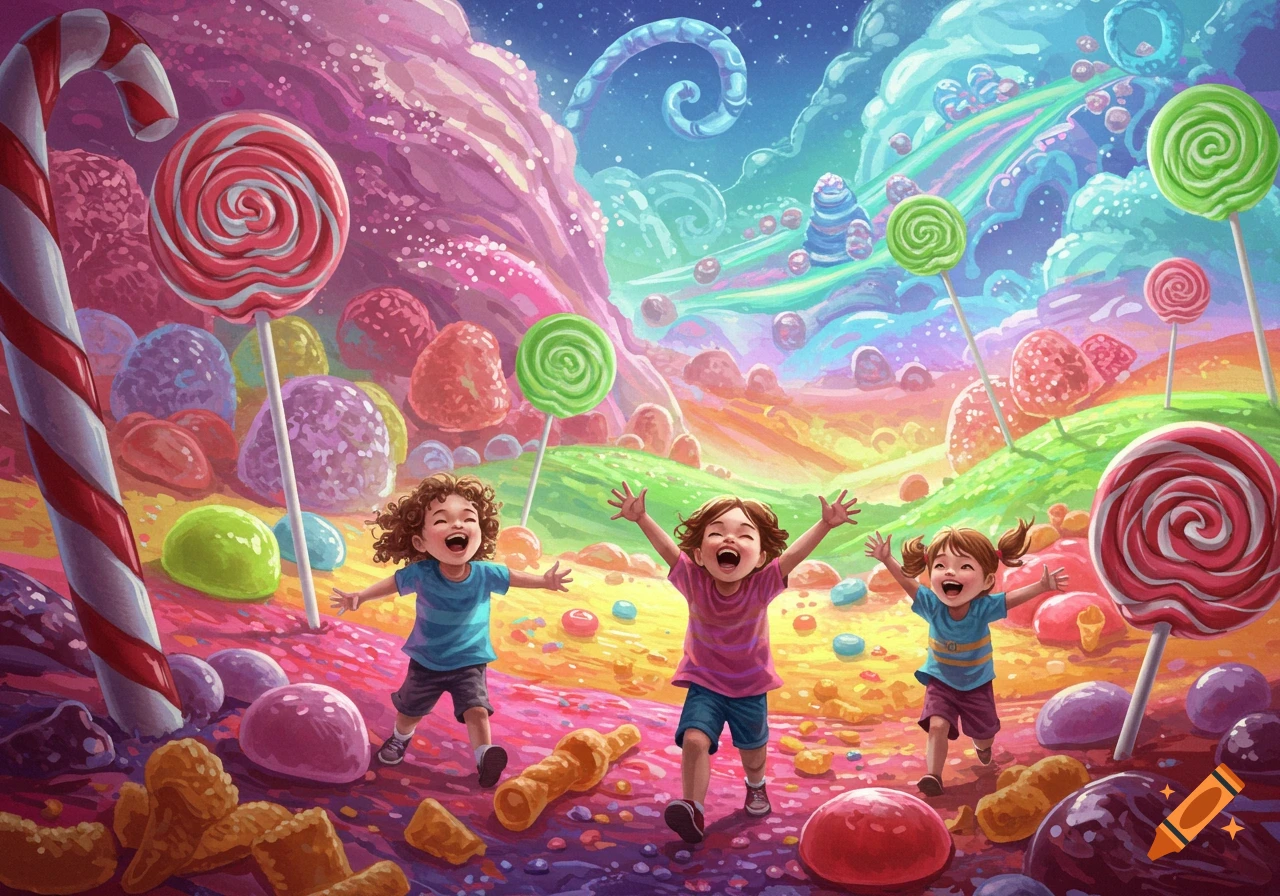 Three happy children run through a vibrant, whimsical candy land with giant lollipops and colorful sweets.