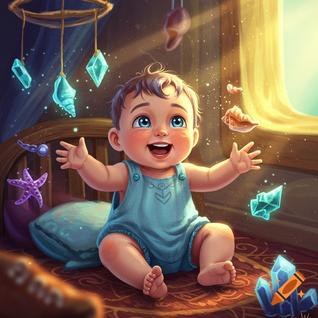 A happy baby with blue eyes giggles, reaching for glowing crystals and seashells in a magical room.