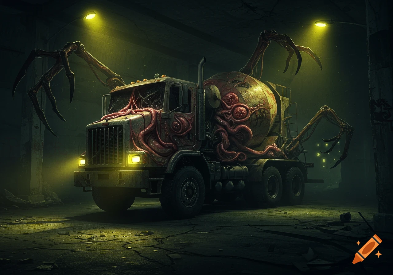 A grotesque, mutated cement truck, covered in fleshy tentacles, eyes, and spider-like claws, stands in a dark, abandoned industrial setting under yellow lights.