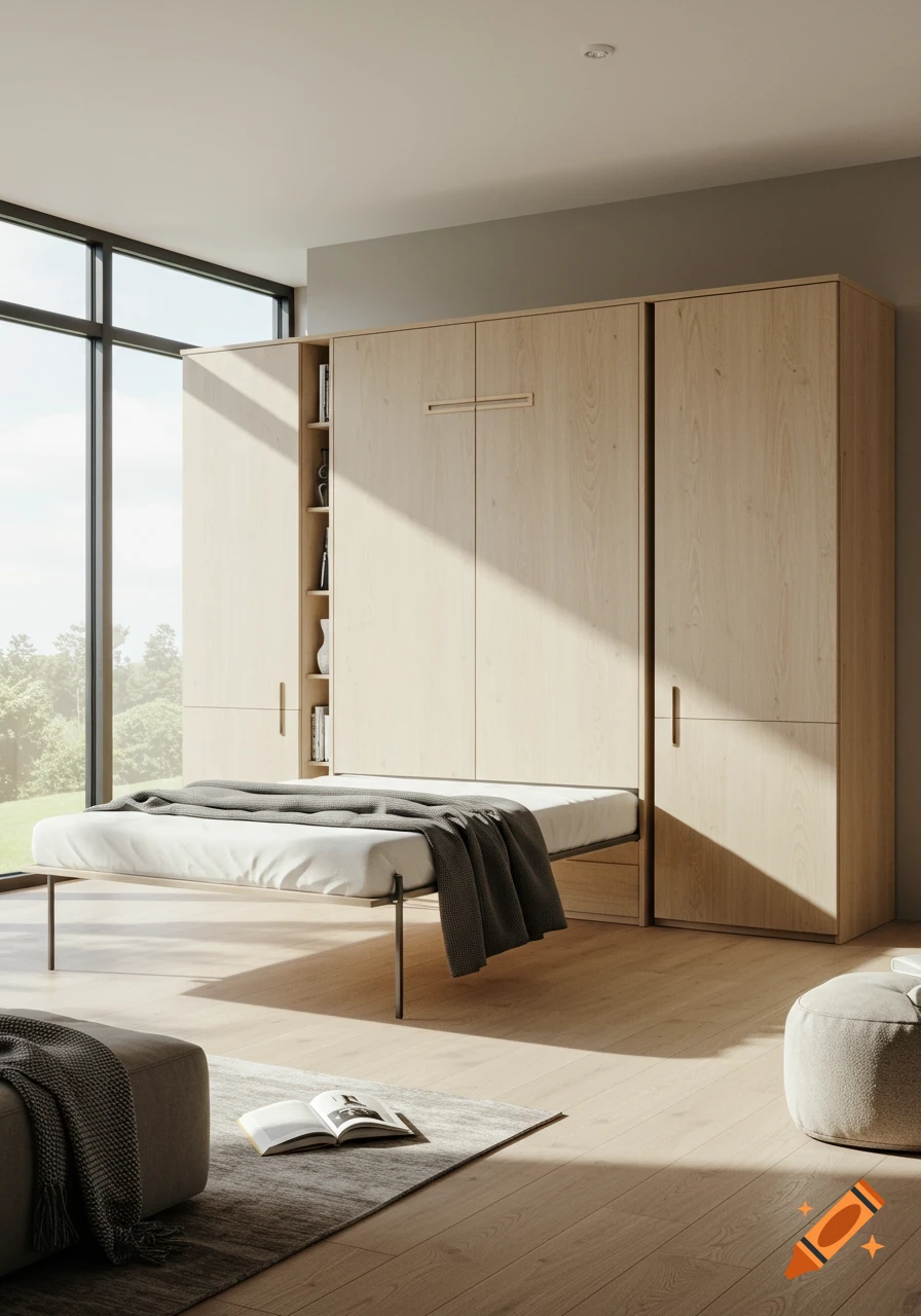 A modern bedroom featuring a light wood Murphy bed extended from a wall unit, with large windows overlooking trees.