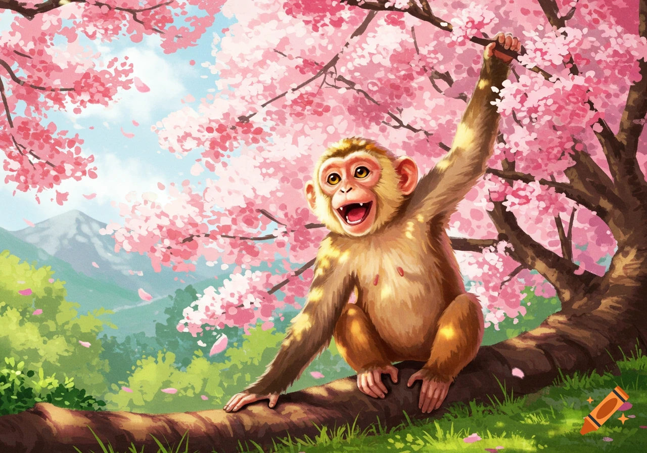 An illustrated happy monkey sits on a tree branch surrounded by pink cherry blossoms with mountains in the background.