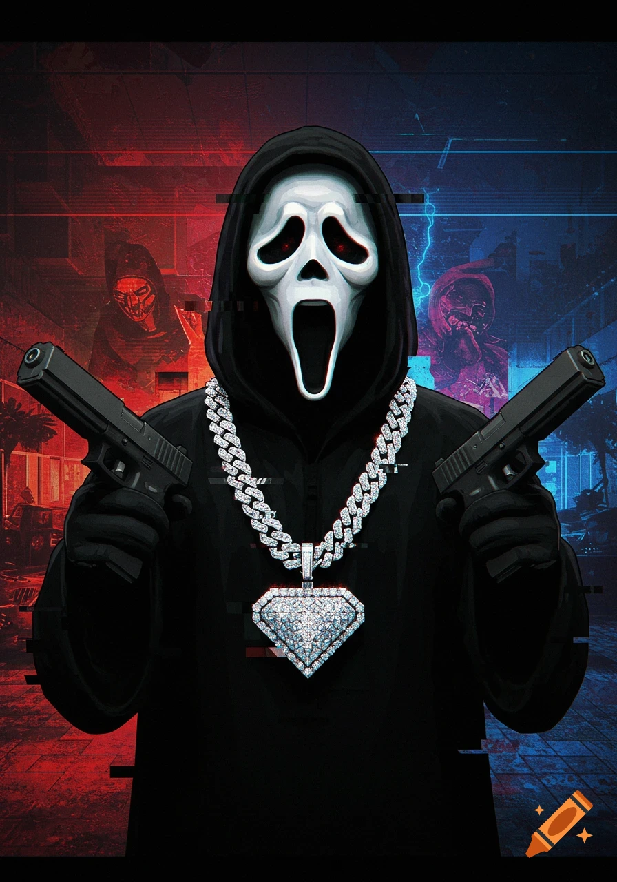A stylized illustration of Ghostface wearing a diamond chain and holding two guns, against a split red and blue background with glitch effects.
