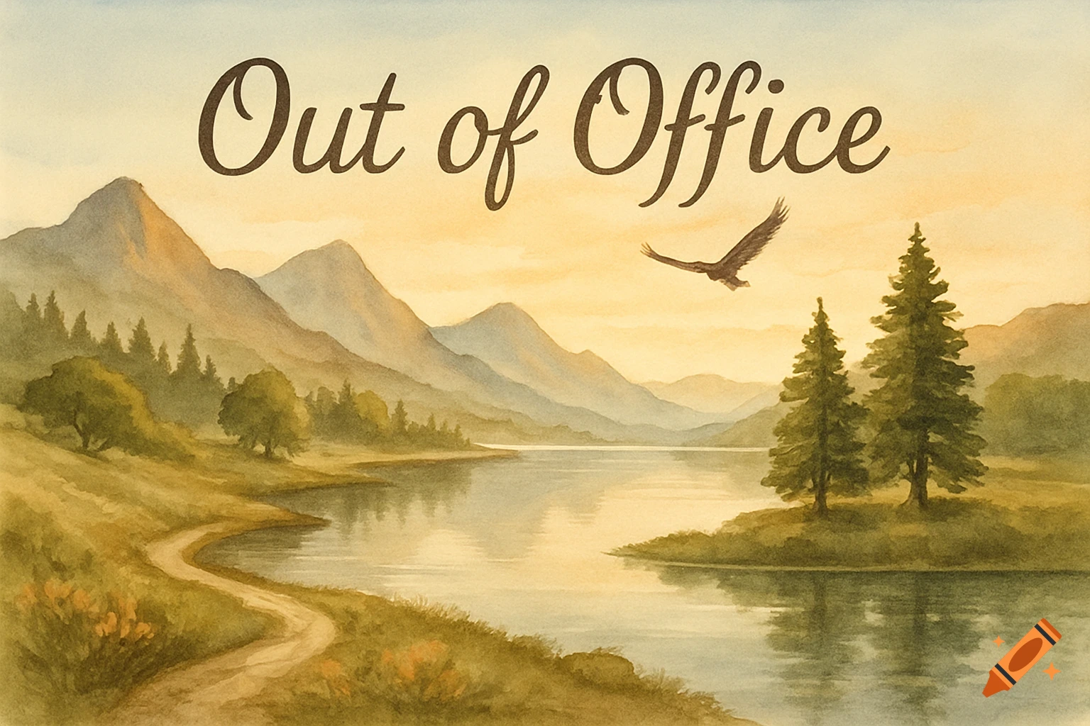 A watercolor landscape with mountains, a lake, trees, a winding path, and an eagle in the sky, with 'Out of Office' text.
