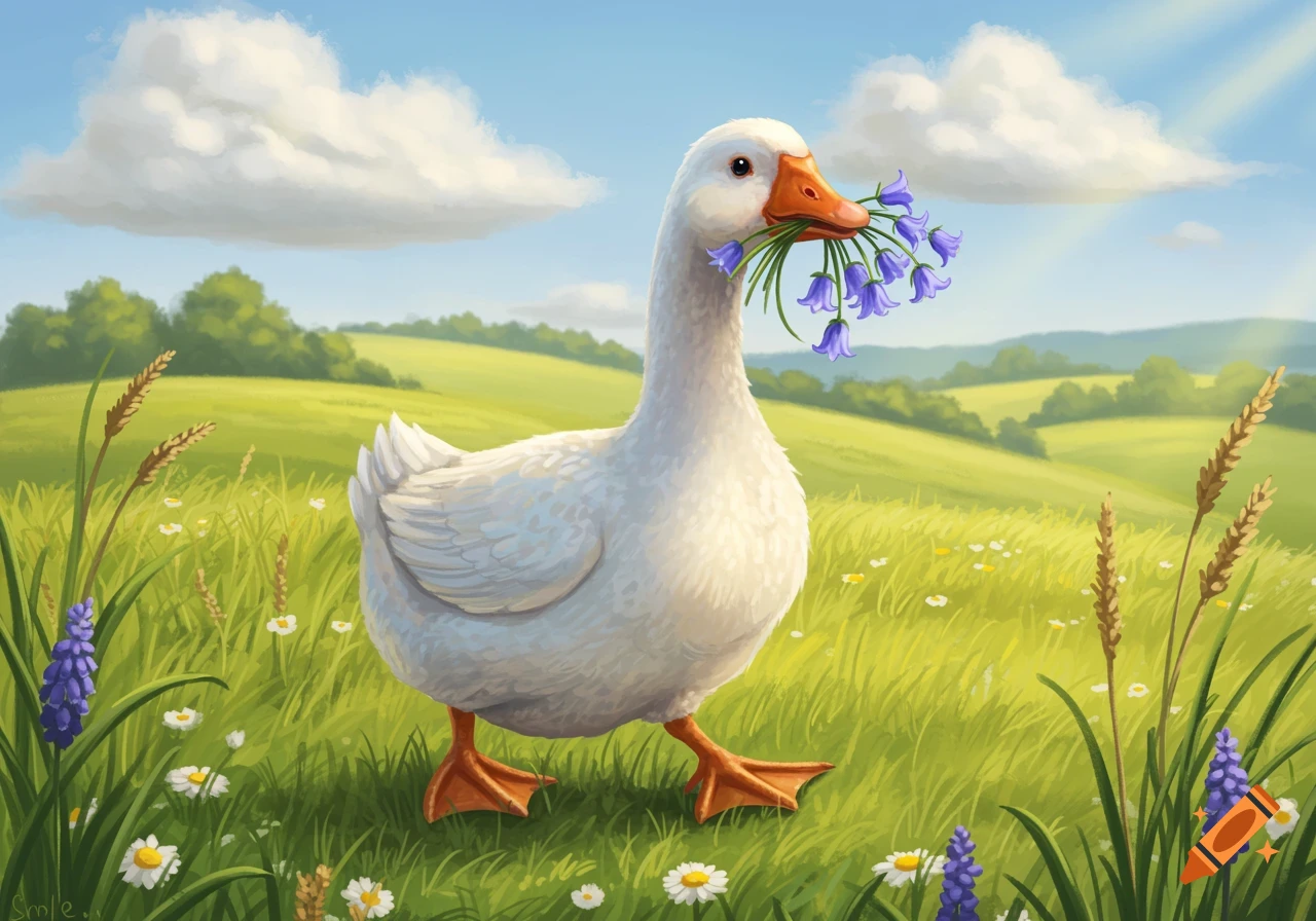 A cute white goose holds bluebells in its beak, walking through a vibrant green field with flowers under a blue sky.
