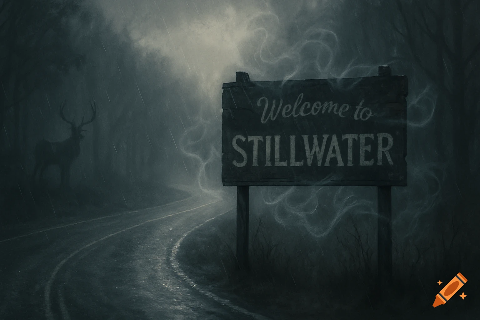 A dark, rainy, foggy road winds into a forest with a 'Welcome to Stillwater' sign and a deer silhouette.