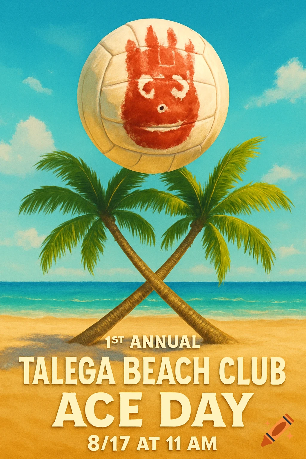 An illustrated poster for a beach event, featuring a volleyball with a red handprint face above crossed palm trees on a sandy beach with blue ocean. Event text is visible.