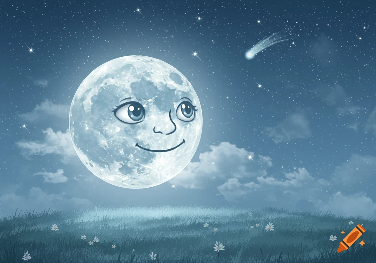 A stylized full moon with a happy face looks up at a shooting star in a starry night sky over a grassy field with white flowers.