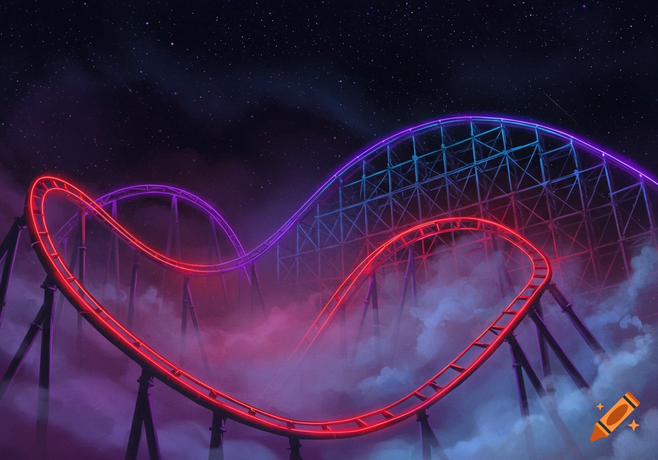 A vibrant red and purple neon-lit rollercoaster track winds through a misty night sky filled with stars.