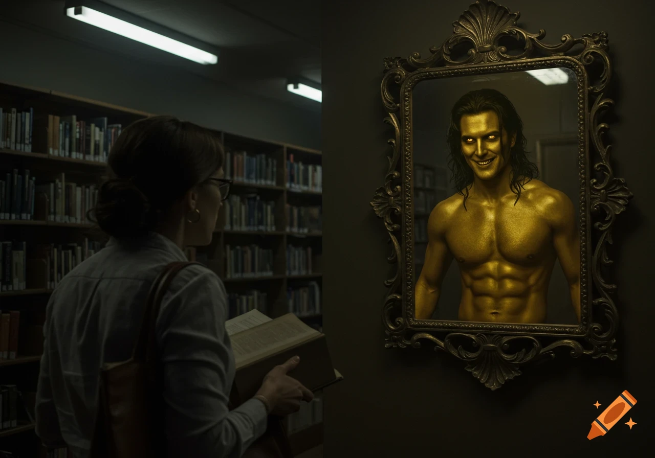 A woman in a library looks at an ornate mirror reflecting a shirtless, golden-skinned man with glowing eyes and a wicked smile in a modern horror style.