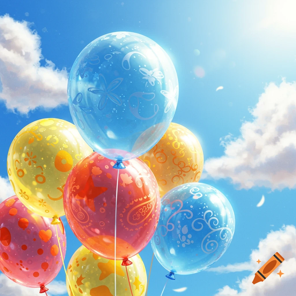 Colorful patterned balloons float against a bright blue sky with fluffy white clouds.