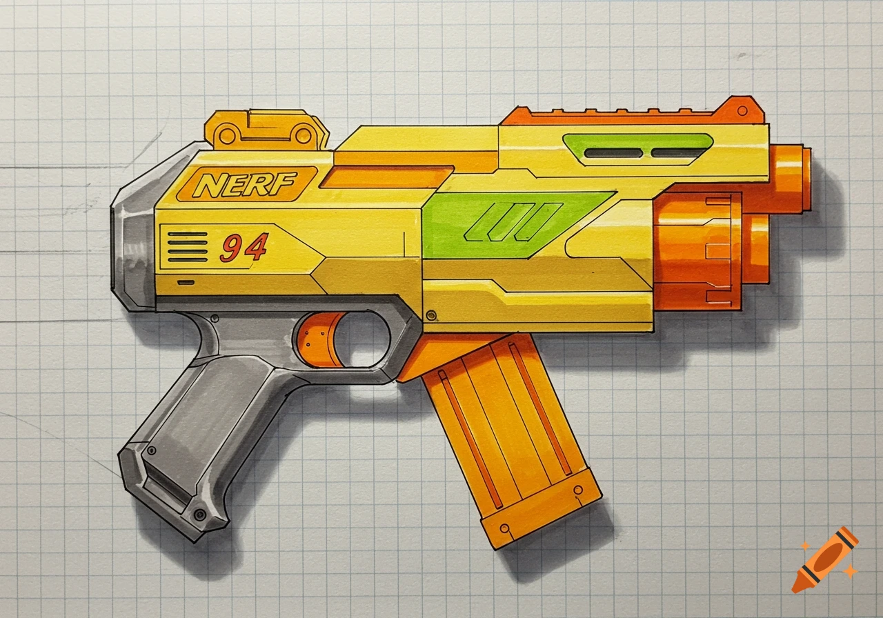 An illustration of a yellow, orange, and gray Nerf blaster with 'NERF' and '94' visible, drawn on graph paper.