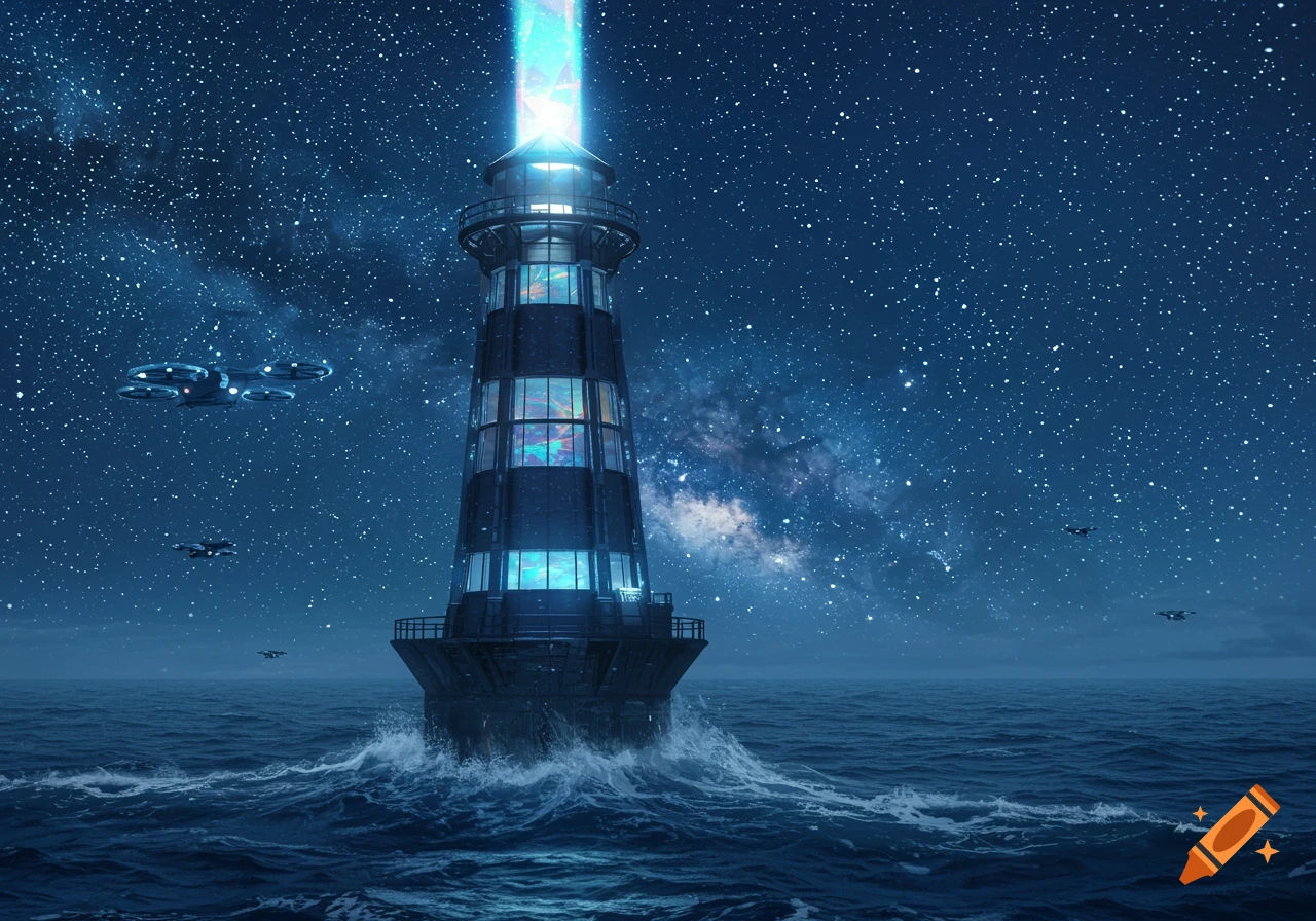 A futuristic lighthouse with a glowing beam stands in a dark ocean under a starry night sky with drones flying nearby.