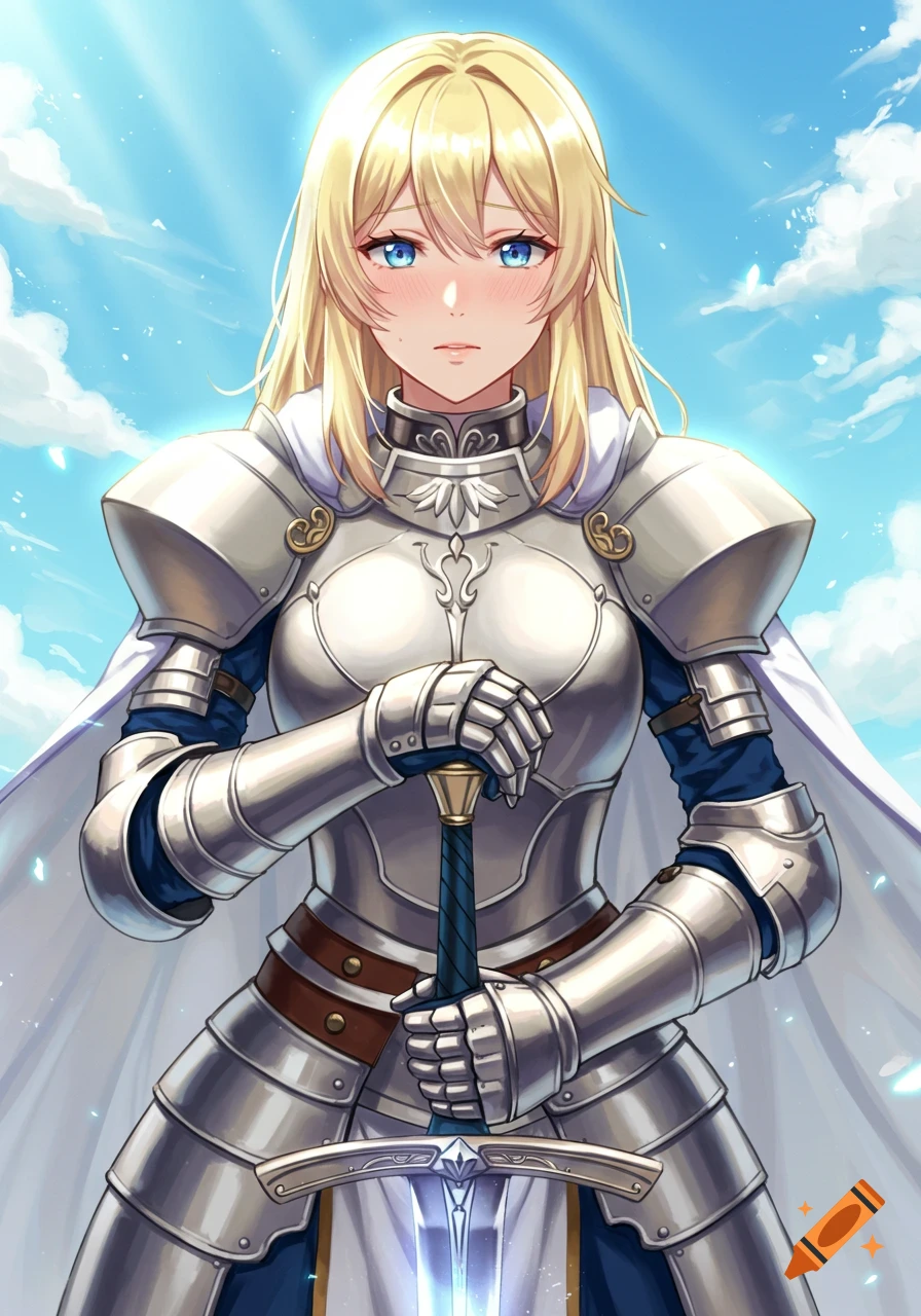 An anime-style female paladin with blond hair and blue eyes, blushing, wearing silver armor and holding a glowing sword, under a blue sky.