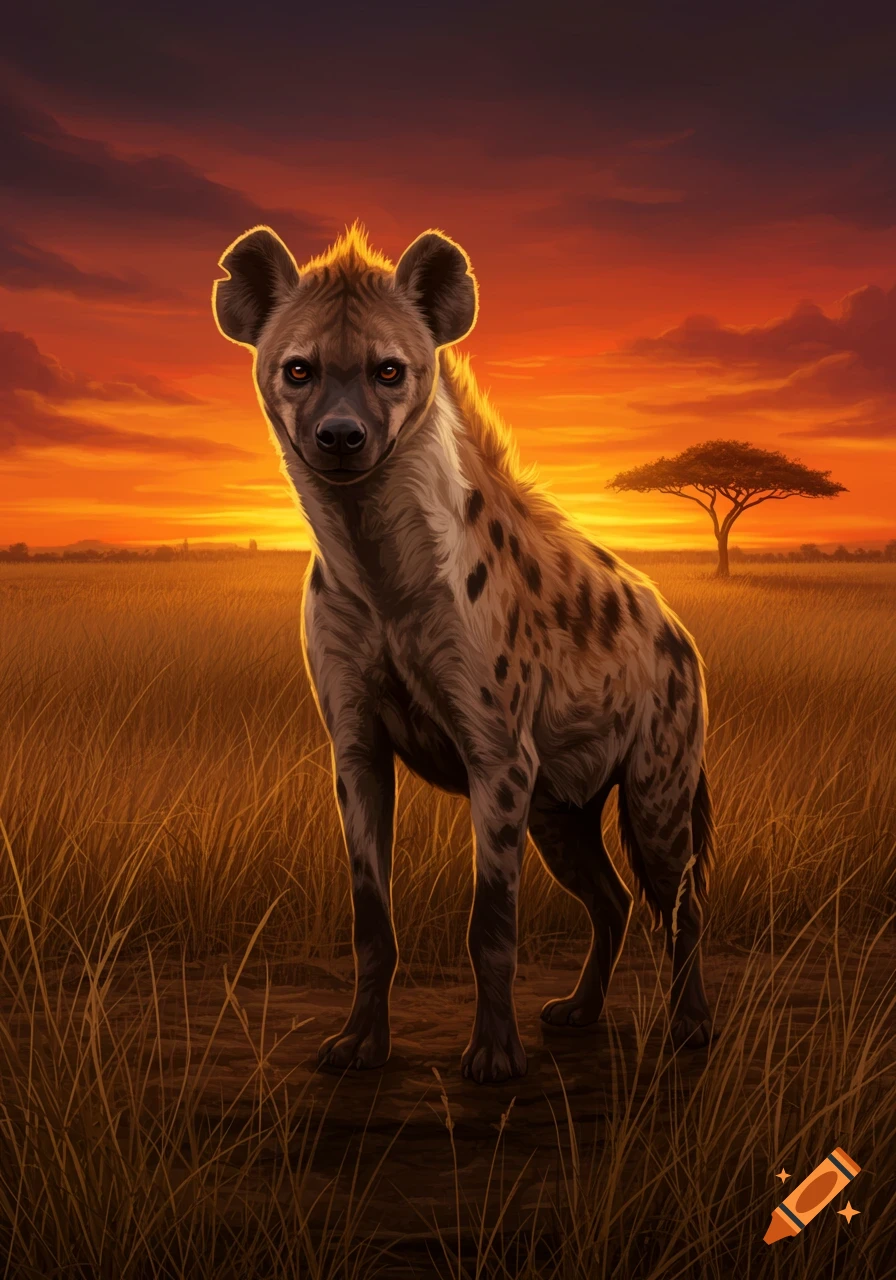 A spotted hyena stands in a grassy savanna field under a vibrant orange and purple sunset sky with a lone acacia tree in the distance.