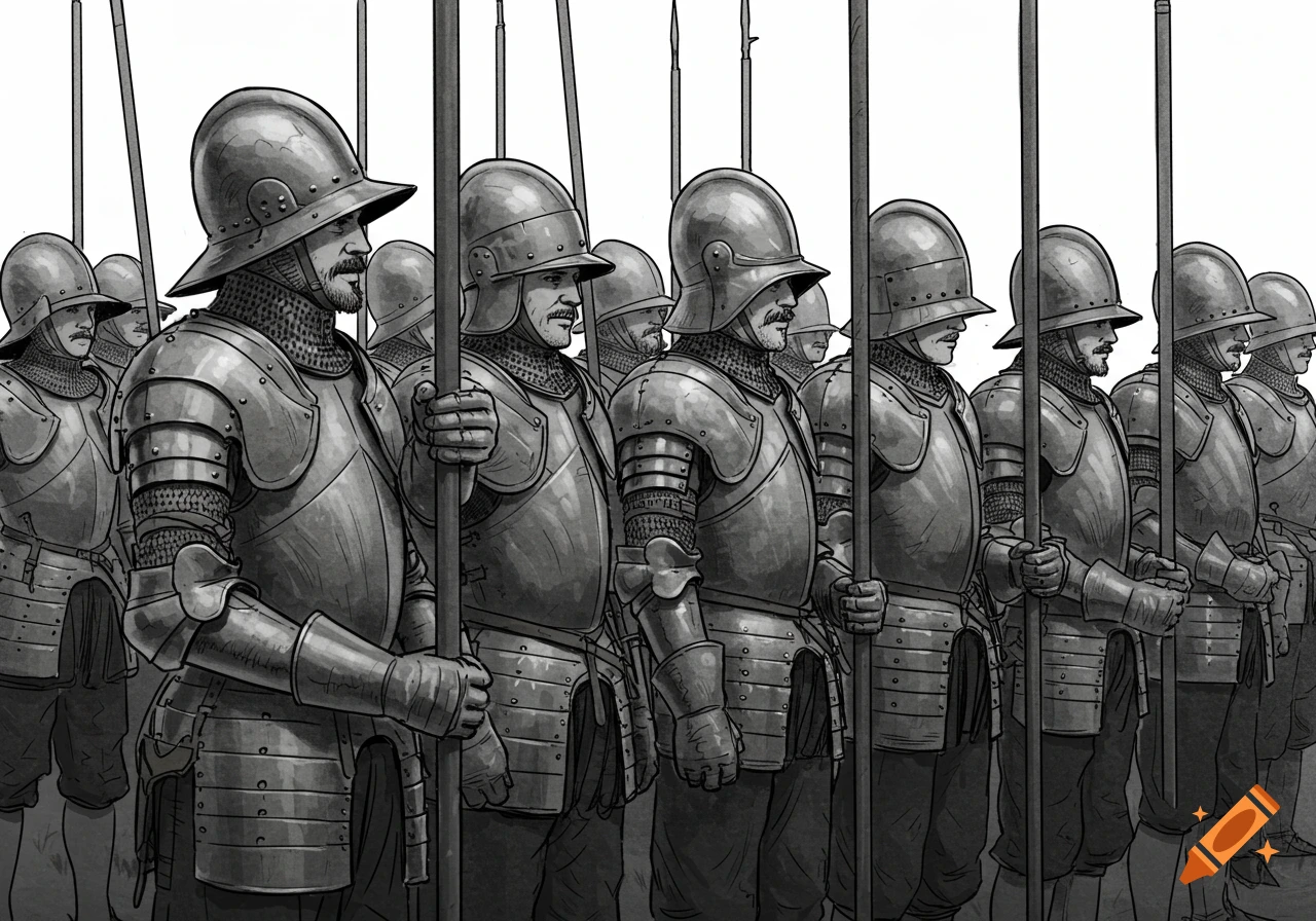 Black and white illustration of pikemen in 16th-century armor, standing at attention with vertical pikes.