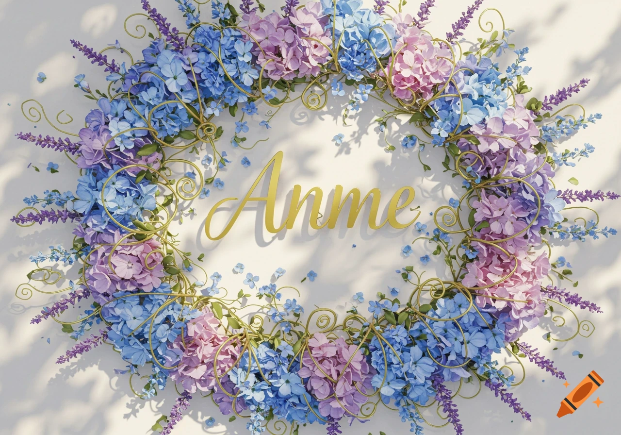 A vibrant floral wreath featuring blue, pink, and purple flowers with golden swirls, centered around the golden word 'Anme'.