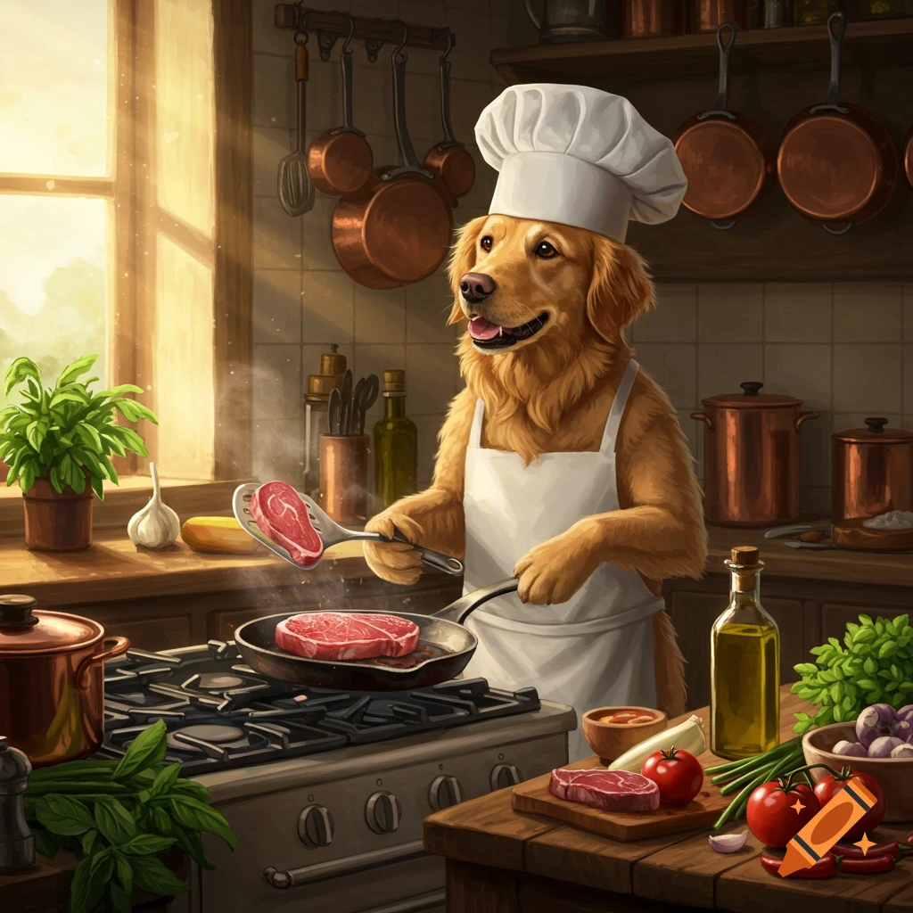 A golden retriever dog wearing a chef hat and apron cooks steak in a sunlit kitchen.