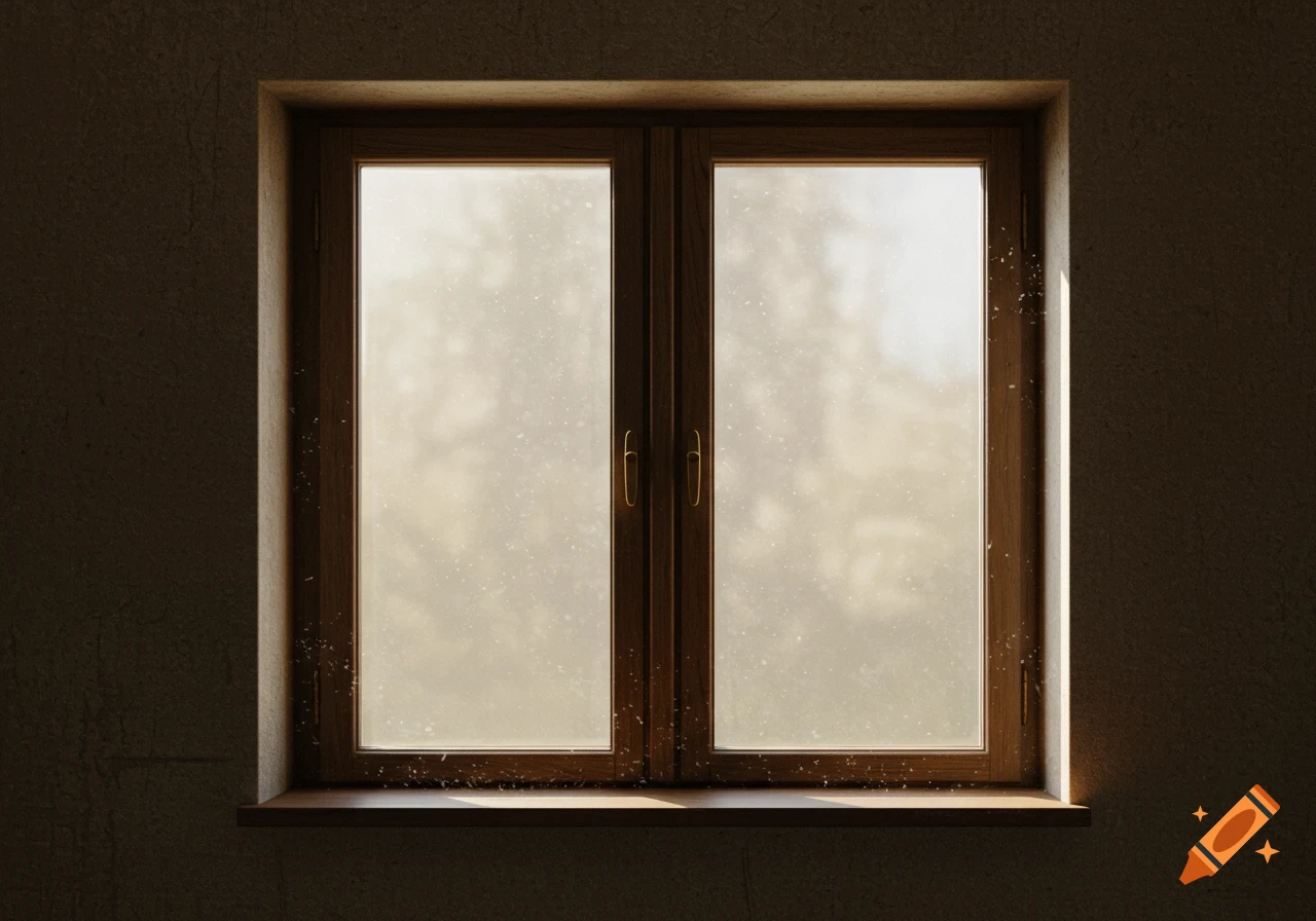 A close-up view of a wooden window frame with two panes of glass, casting light on a dark wall.