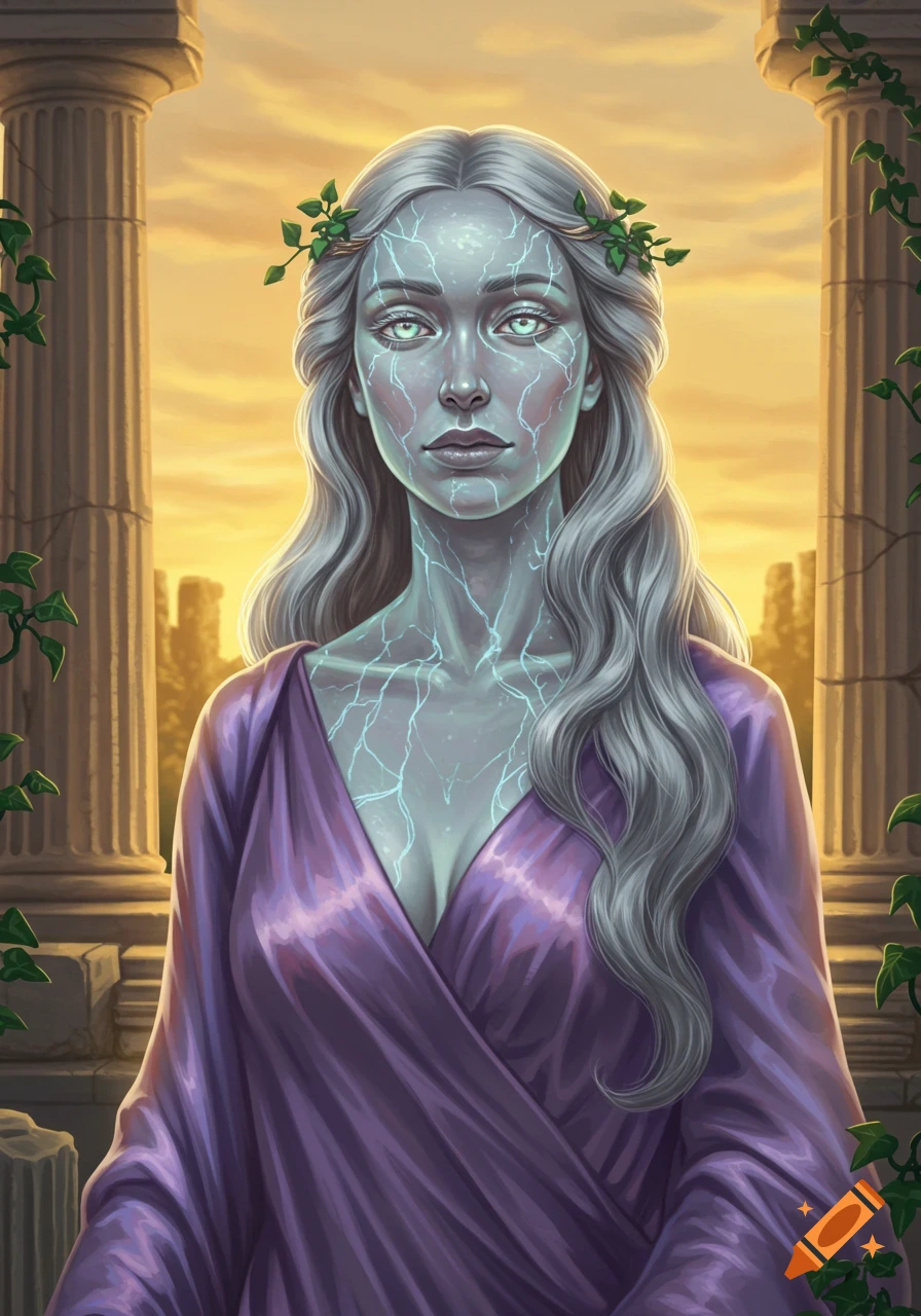 A fantasy portrait of a woman with glowing blue veins, silver hair, and a purple robe, standing between ancient Greek columns at sunset.