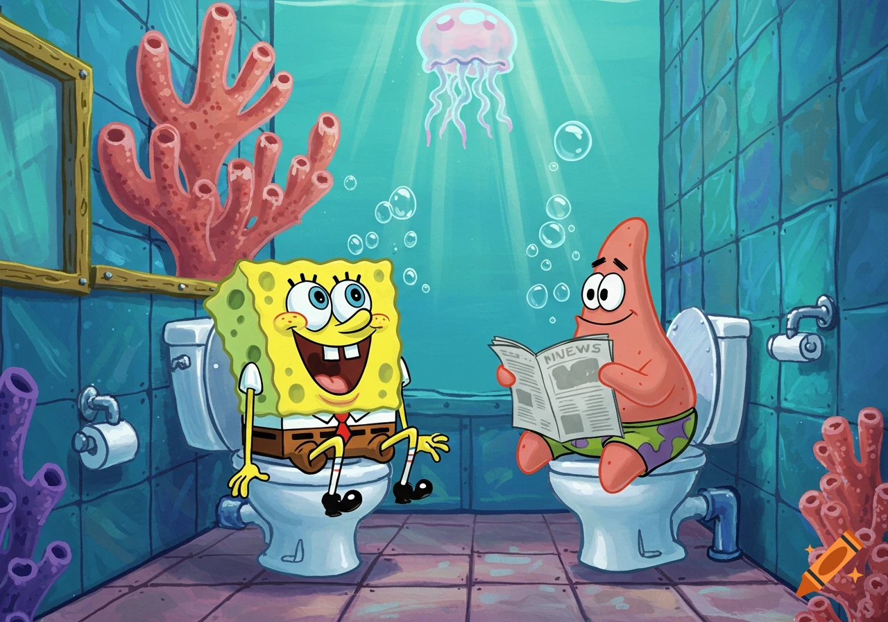 SpongeBob and Patrick sit on side-by-side toilets in an underwater bathroom, with Patrick reading a newspaper.