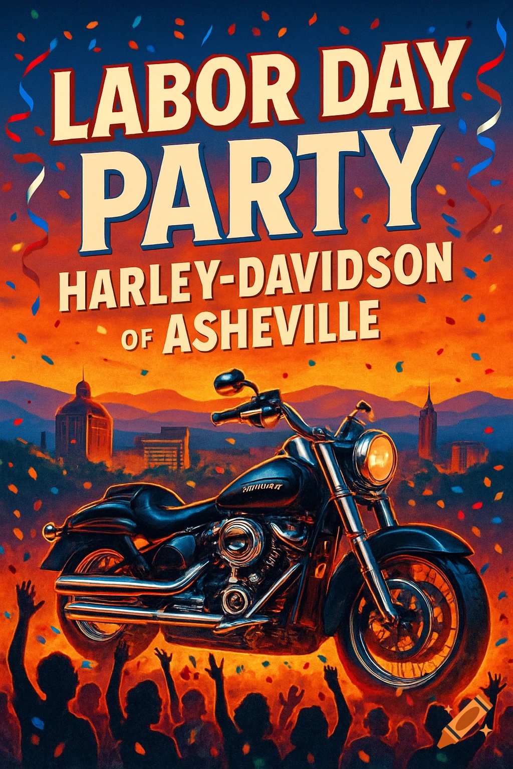 A poster advertising a Labor Day party featuring a prominent Harley-Davidson motorcycle against a sunset cityscape with a silhouetted crowd.