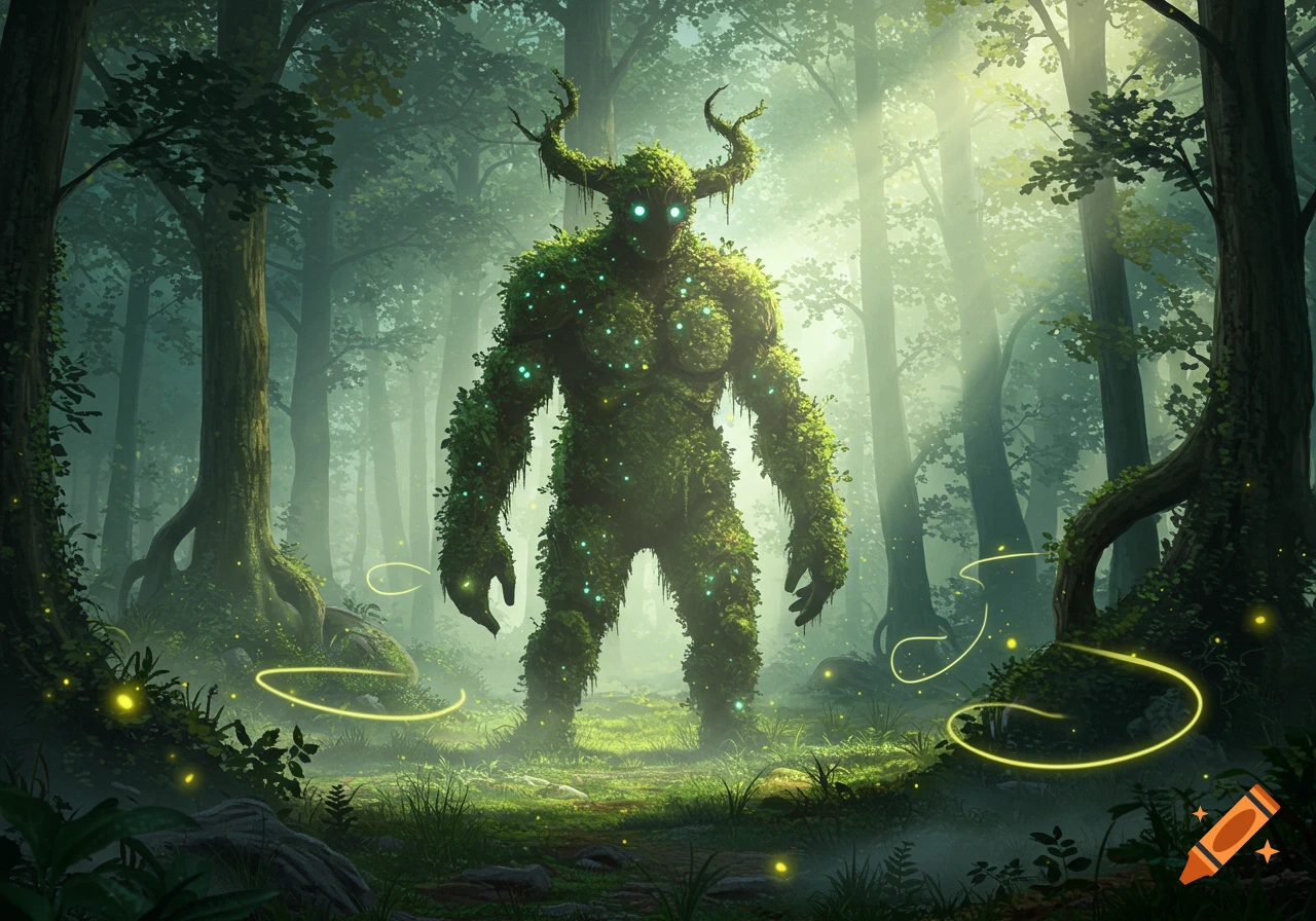 A large, hulking moss monster with glowing eyes and horns stands in a mystical, sunlit forest, surrounded by glowing particles and light trails.