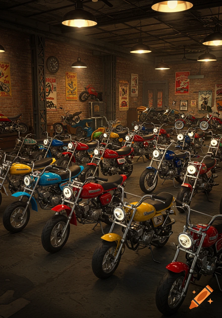 Numerous red, yellow, and blue mini bikes parked in a rustic garage with brick walls and vintage posters.