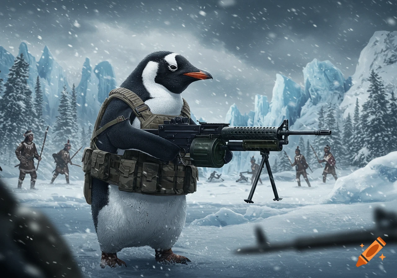 A large penguin in military tactical gear holds a heavy machine gun in a snowy, mountainous landscape with other figures in the background.