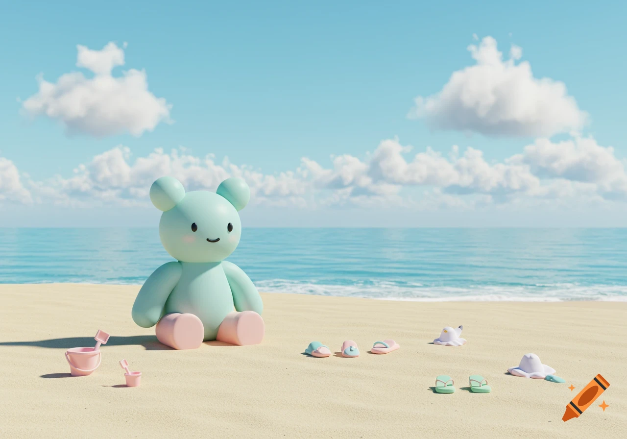 A mint-colored minimalist toy sits on a pastel sandy beach, with a pastel pink bucket and spade, and small flip-flops. The blue ocean and a clear sky with white clouds are in the background.