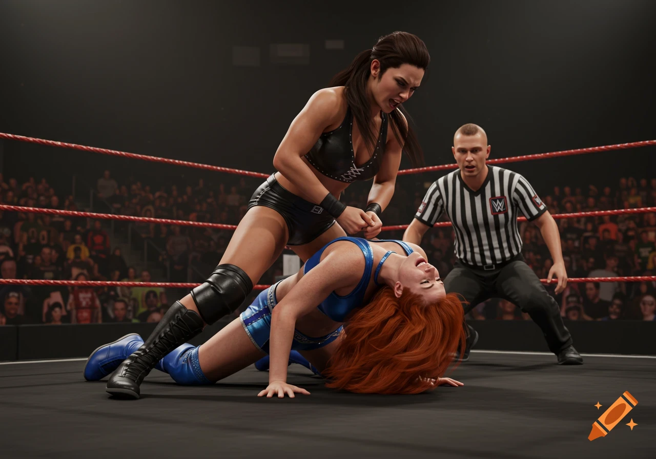 A realistic professional wrestling scene featuring two female wrestlers and a referee in a brightly lit ring.