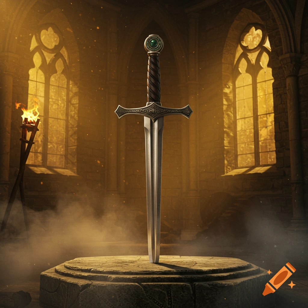 A detailed sword stands on a stone pedestal in a dimly lit, ancient chamber with arched windows and a flaming torch.