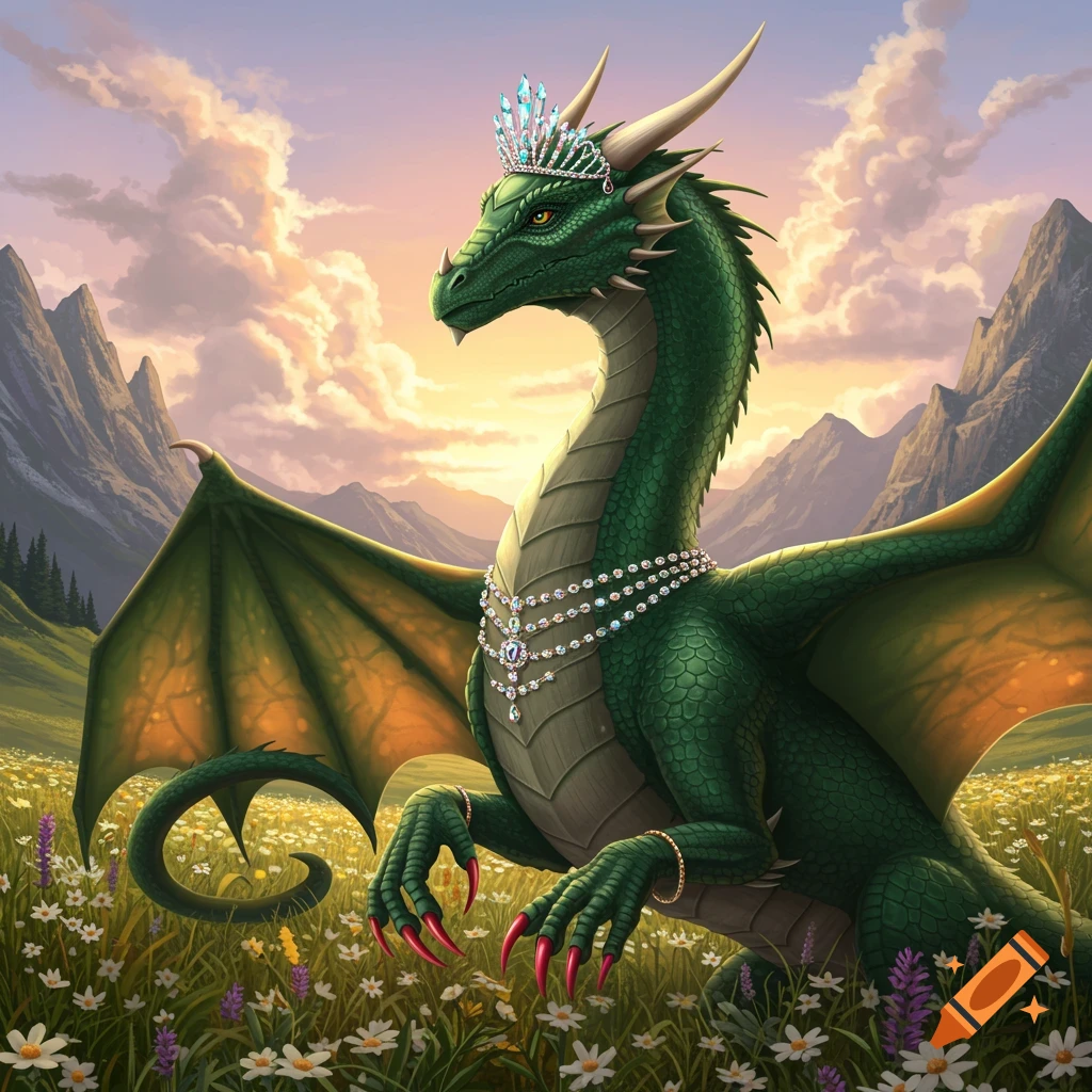 A green dragon wearing a sparkling tiara, diamond necklaces, and red nail polish, stands in a flower-filled meadow with mountains.