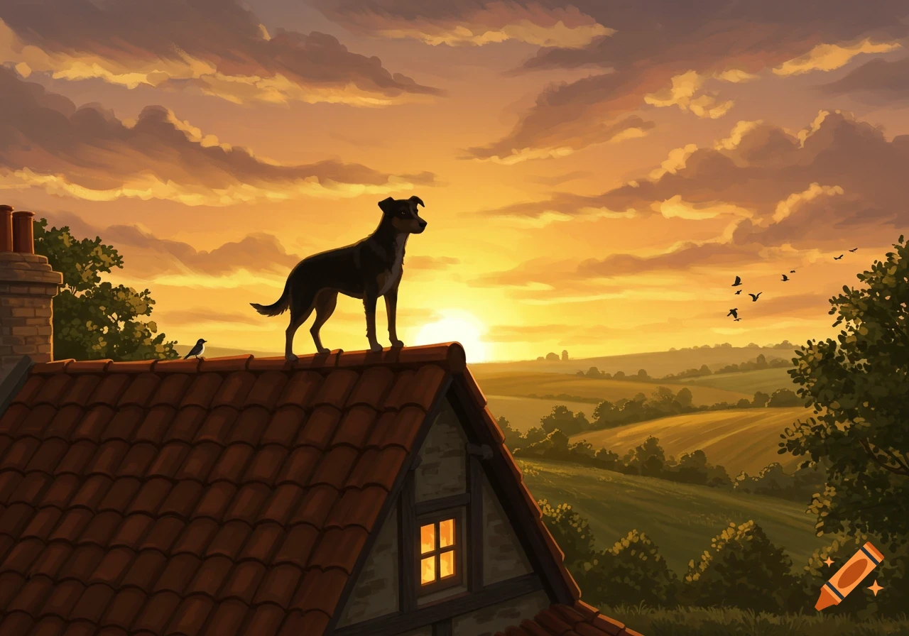 An illustrated black dog stands on a red-tiled roof at sunset, overlooking a vast green landscape with distant fields and trees.