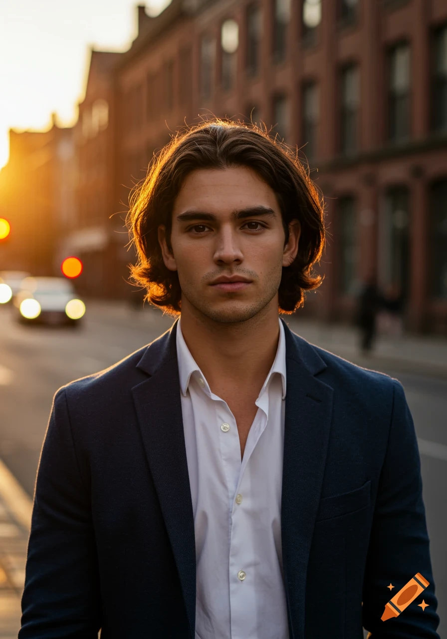 A handsome man with dark hair in a suit jacket and white shirt stands on a city street at sunset, backlit by golden light.