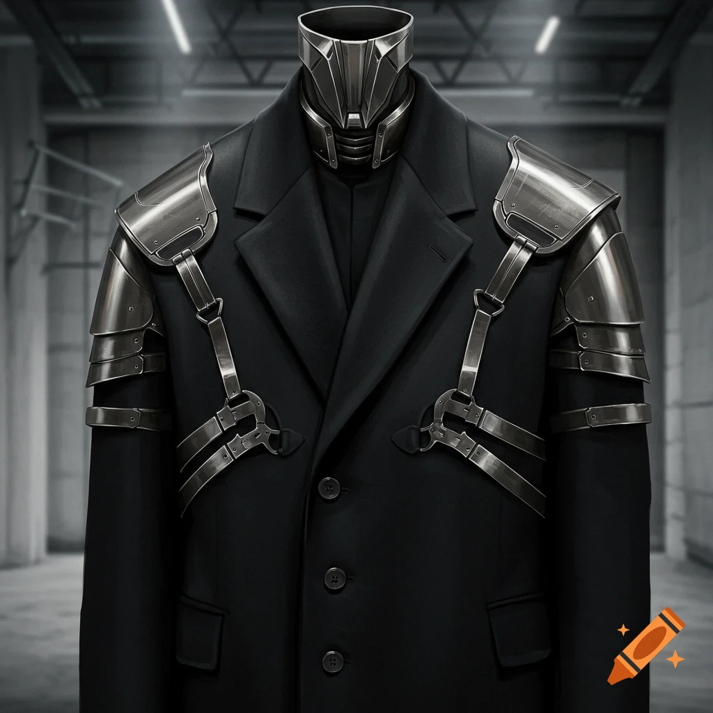 An oversized black coat with metallic armor shoulder pads and chest straps, and a futuristic neckpiece, in an industrial setting.