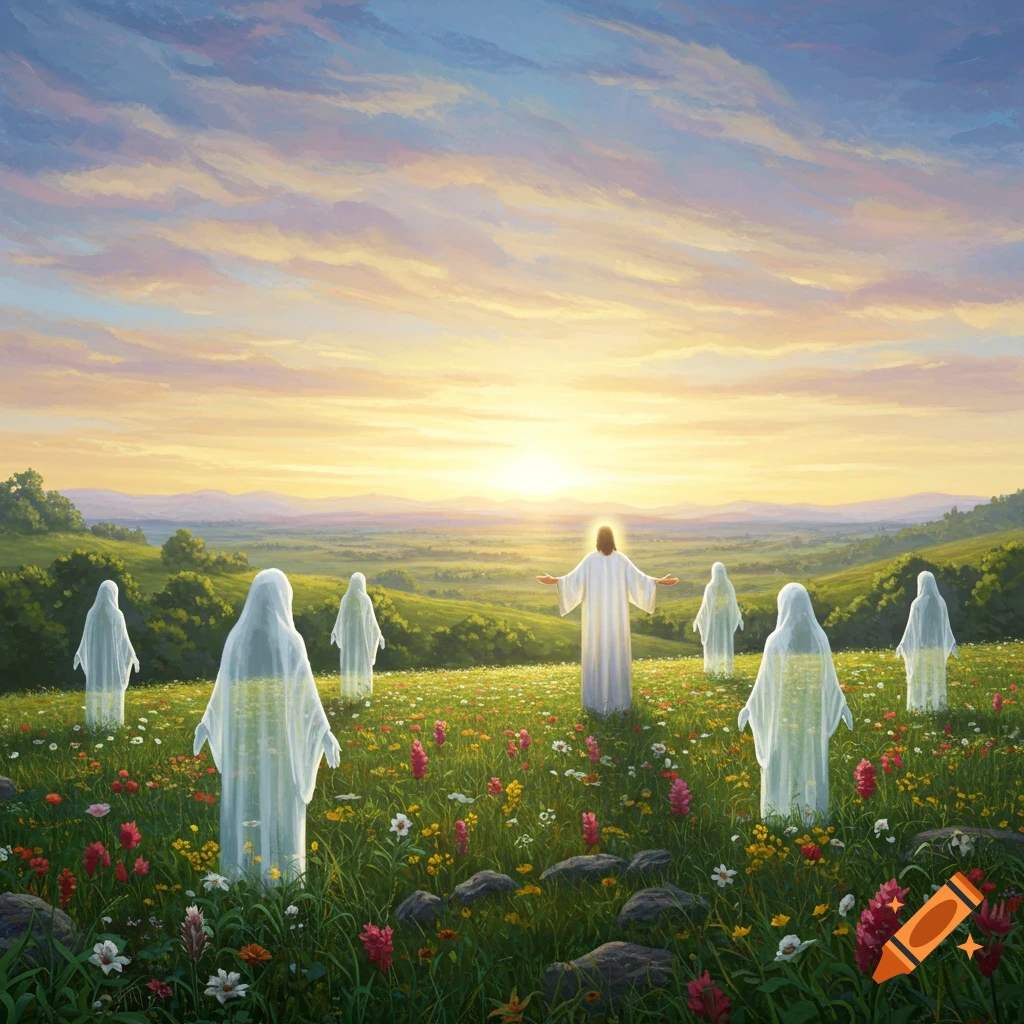 A figure resembling Jesus stands in a vibrant meadow at sunset, arms outstretched, surrounded by ethereal, translucent figures.