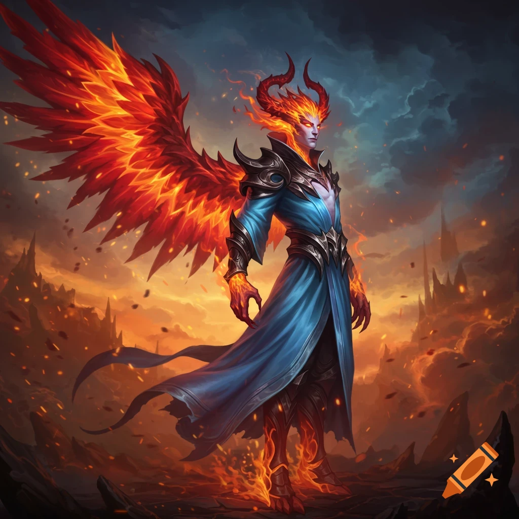 A fiery angel-like figure with glowing red wings and horns, wearing a blue robe, stands amidst a landscape of fire and ruins under a dramatic sky.