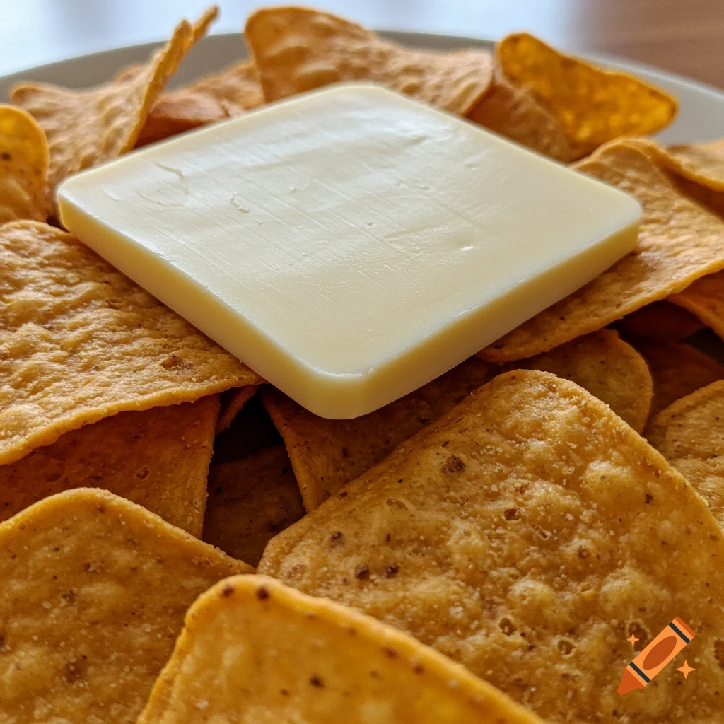 A square block of cheese sits on a plate of tortilla chips in a close-up candid photo.