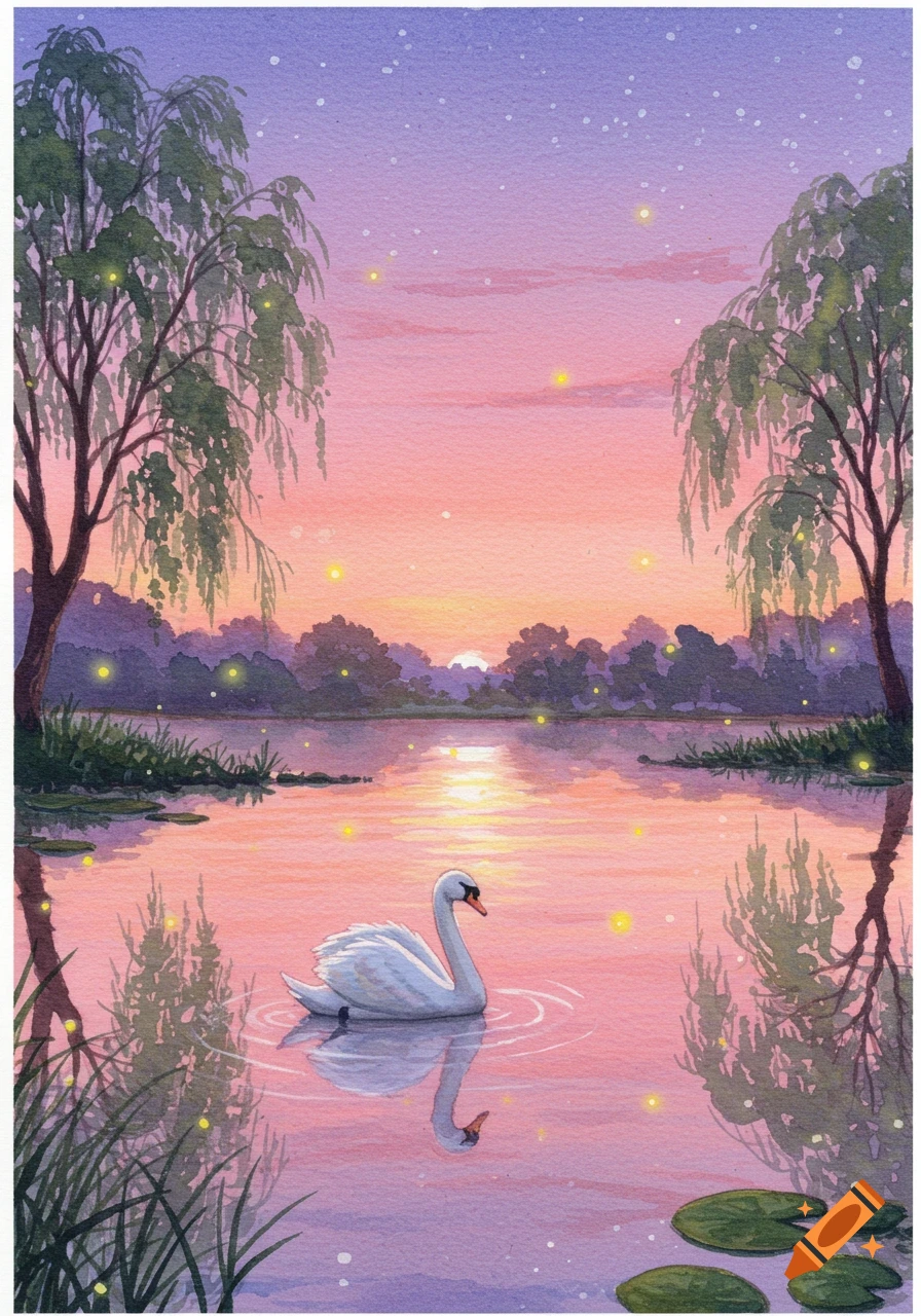 Watercolor painting of a swan on a lake at sunset, flanked by weeping willows, with sparkling lights in the air.
